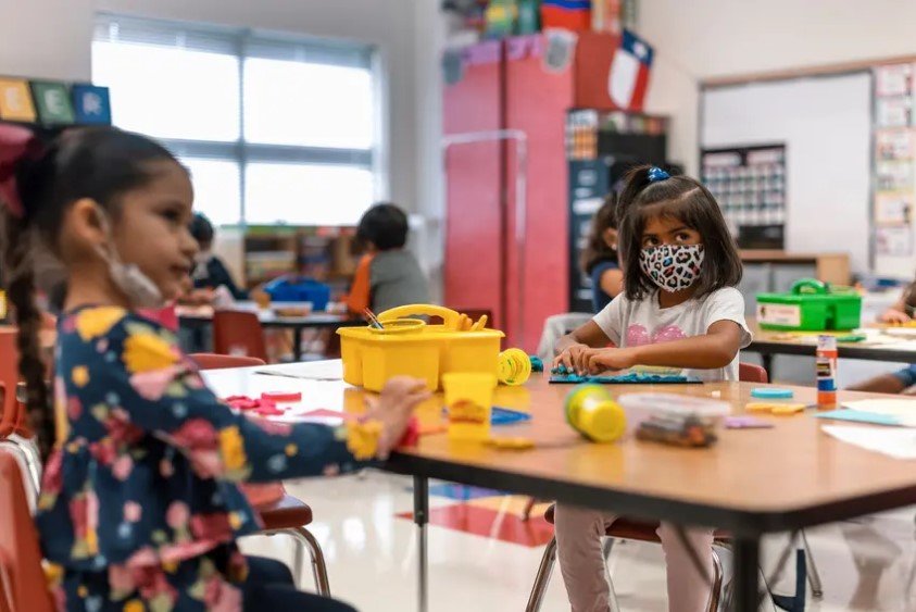 Kindergarten students work at their desks at Blanco Vista Elementary School in San Marcos. Plaintiffs say the governor’s order denies children with disabilities, who are at a high risk of illness and death from the coronavirus, access to public education.